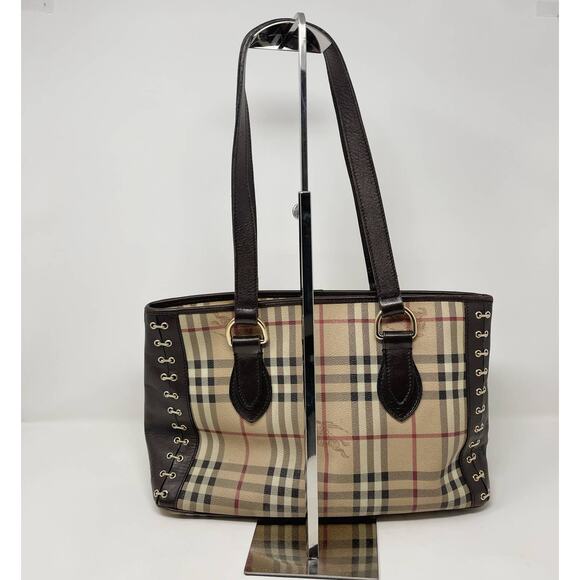 Burberry Brown Beige Haymarket Check Canvas Regent Grommet Tote Bag Double Strap - Picture 6 of 16